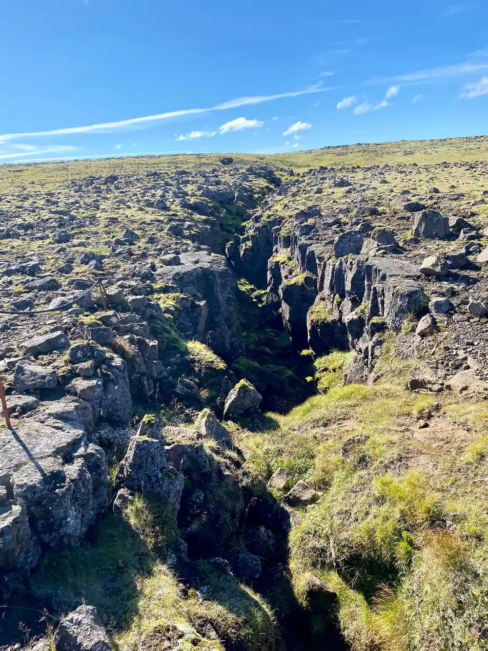 A deep lava gorge cut through the moss and rock of the field