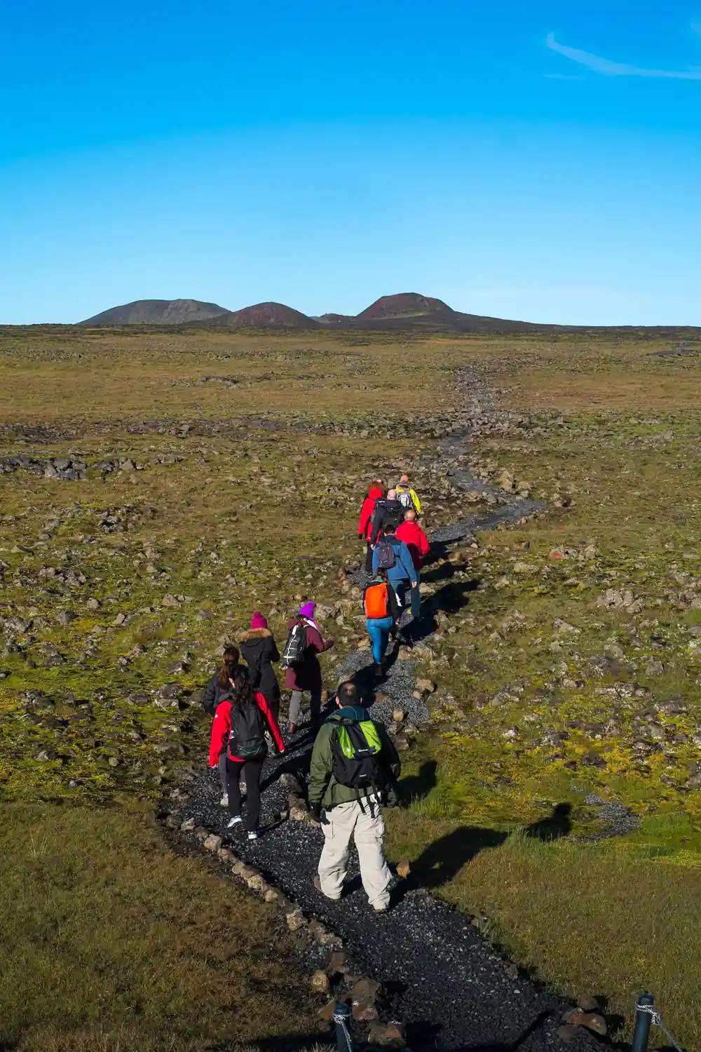 A line of walkers crossing the lava field with the three cones on the skyline